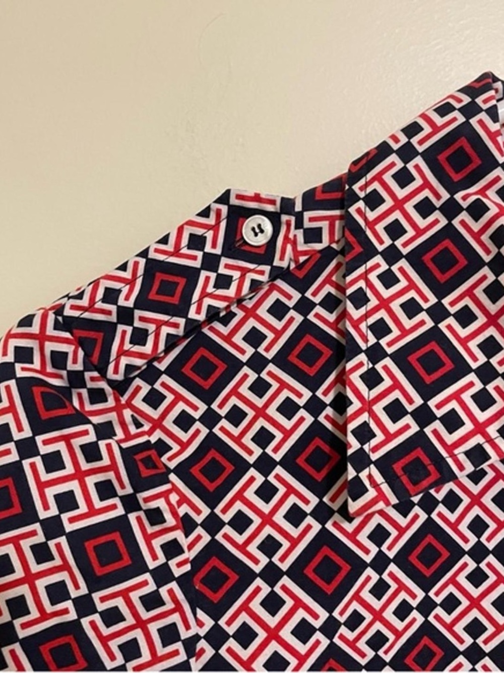Tory Burch Navy & Pink Geometric Print Button-Up Shirt - Picture 2 of 5